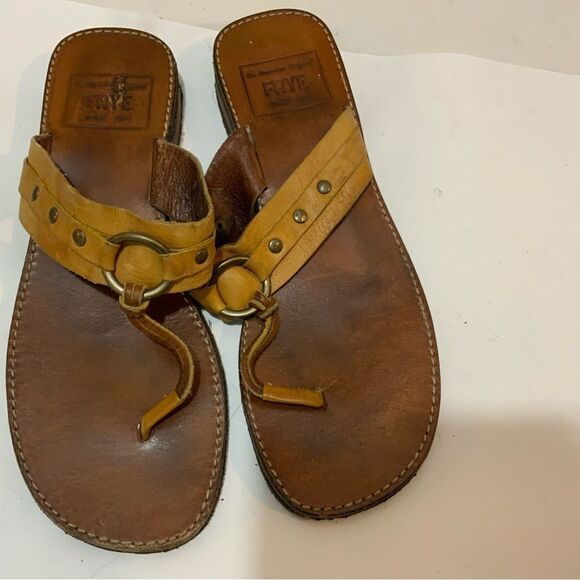 Frye riven Brown Red Leather Studded Thong Sandals Flats Heel Size 9 Made Brazil - Picture 8 of 9